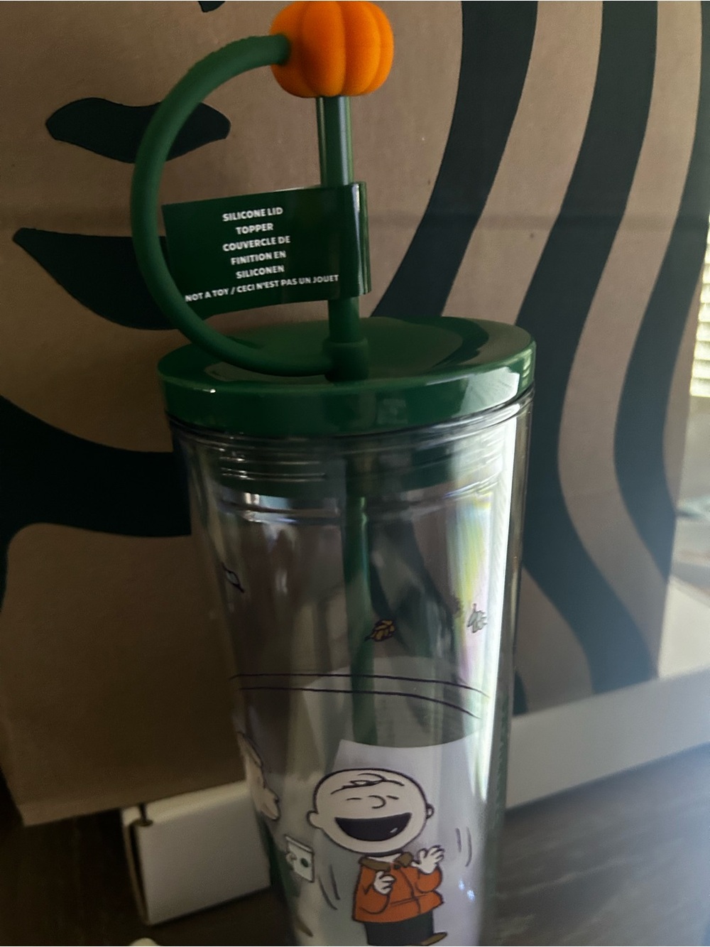 Peanuts Green-Lid Clear Tumbler with Orange Pumpkin Topper